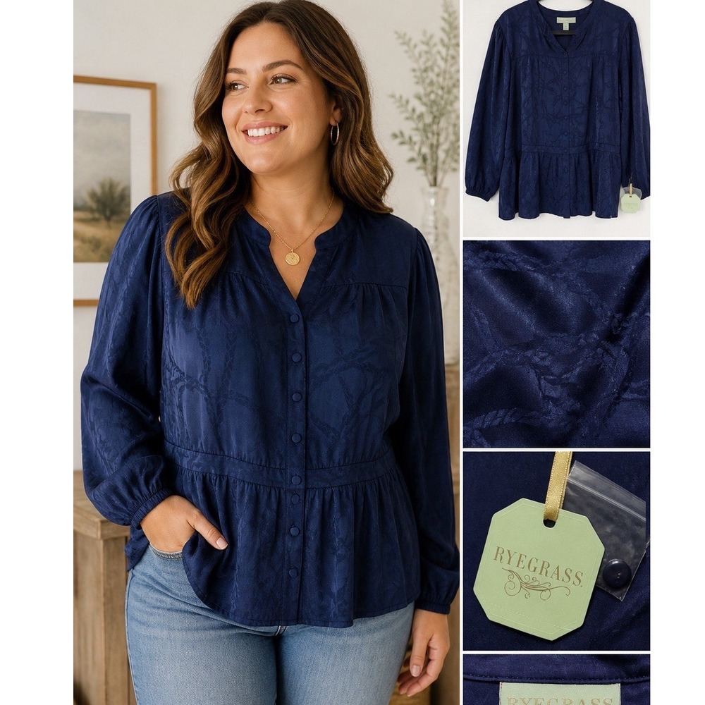 Ryegrass Peplum Blouse Womens 1X Navy Blue NWT Jacquard Long Sleeve Button Top